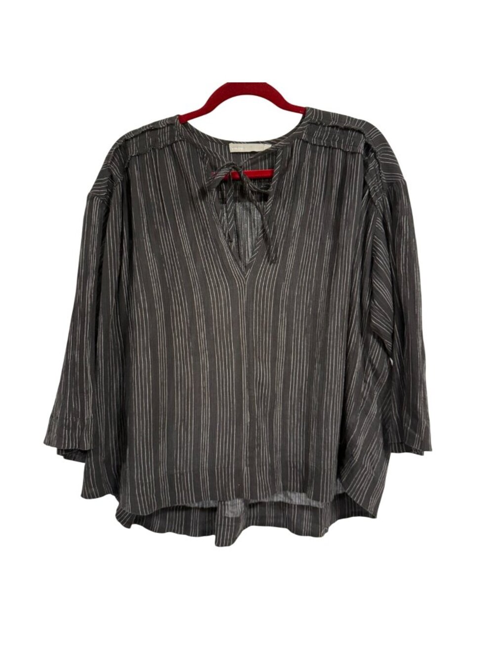 Vince Black Gray Striped Raw Hem Boho‎ Peasant Style Blouse Size L